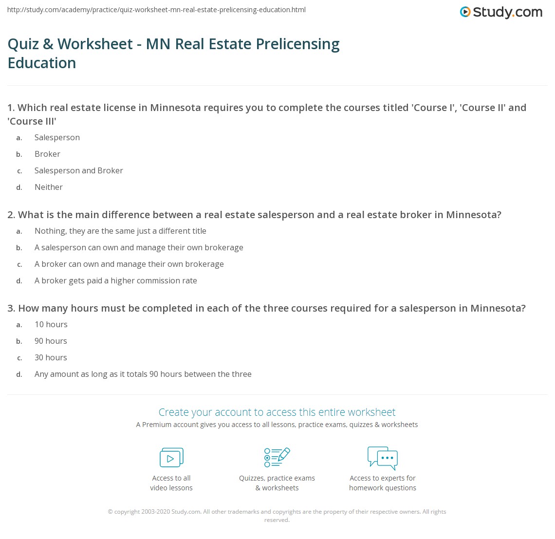 Quiz & Worksheet MN Real Estate Prelicensing Education