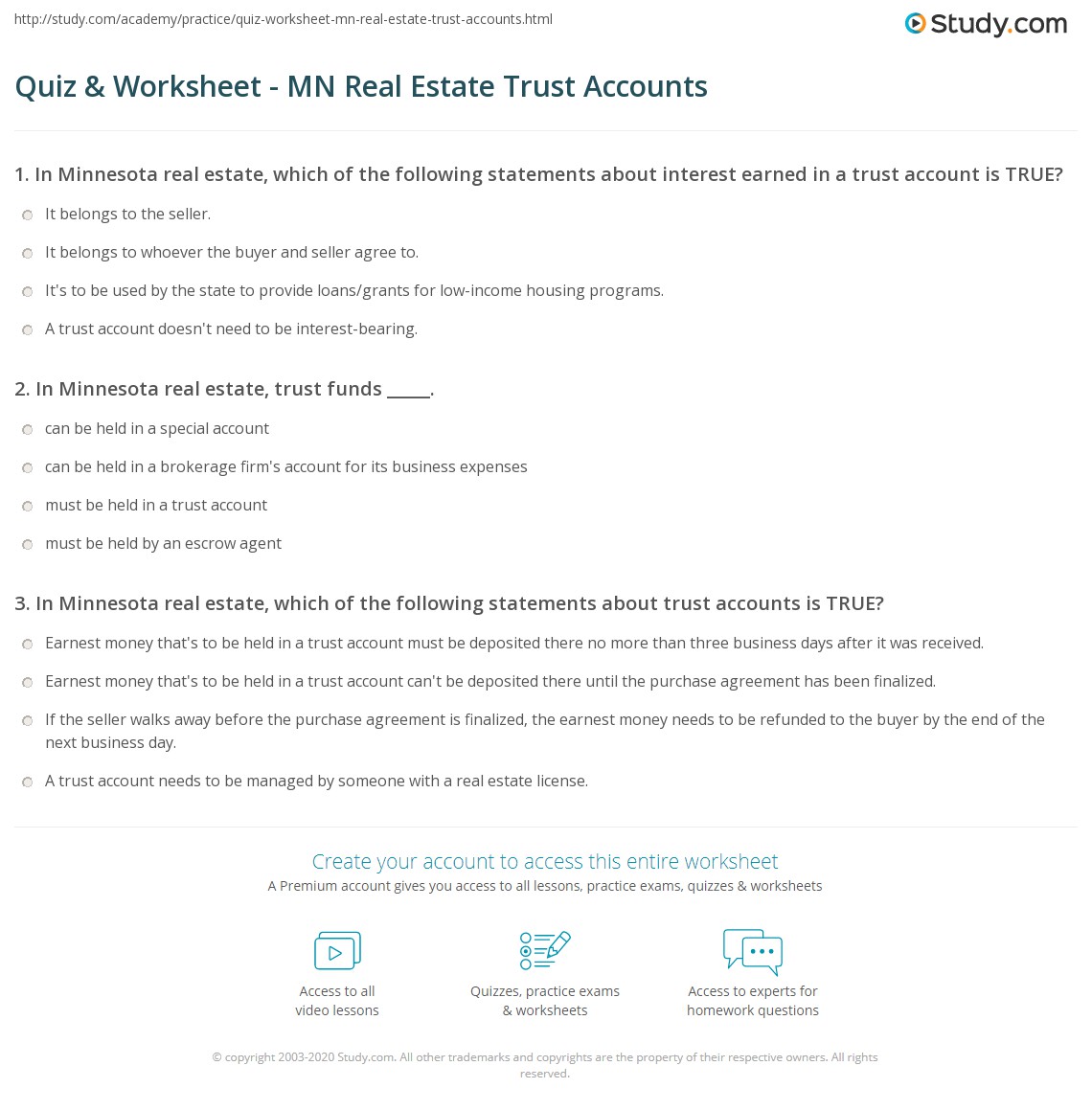 Quiz & Worksheet MN Real Estate Trust Accounts