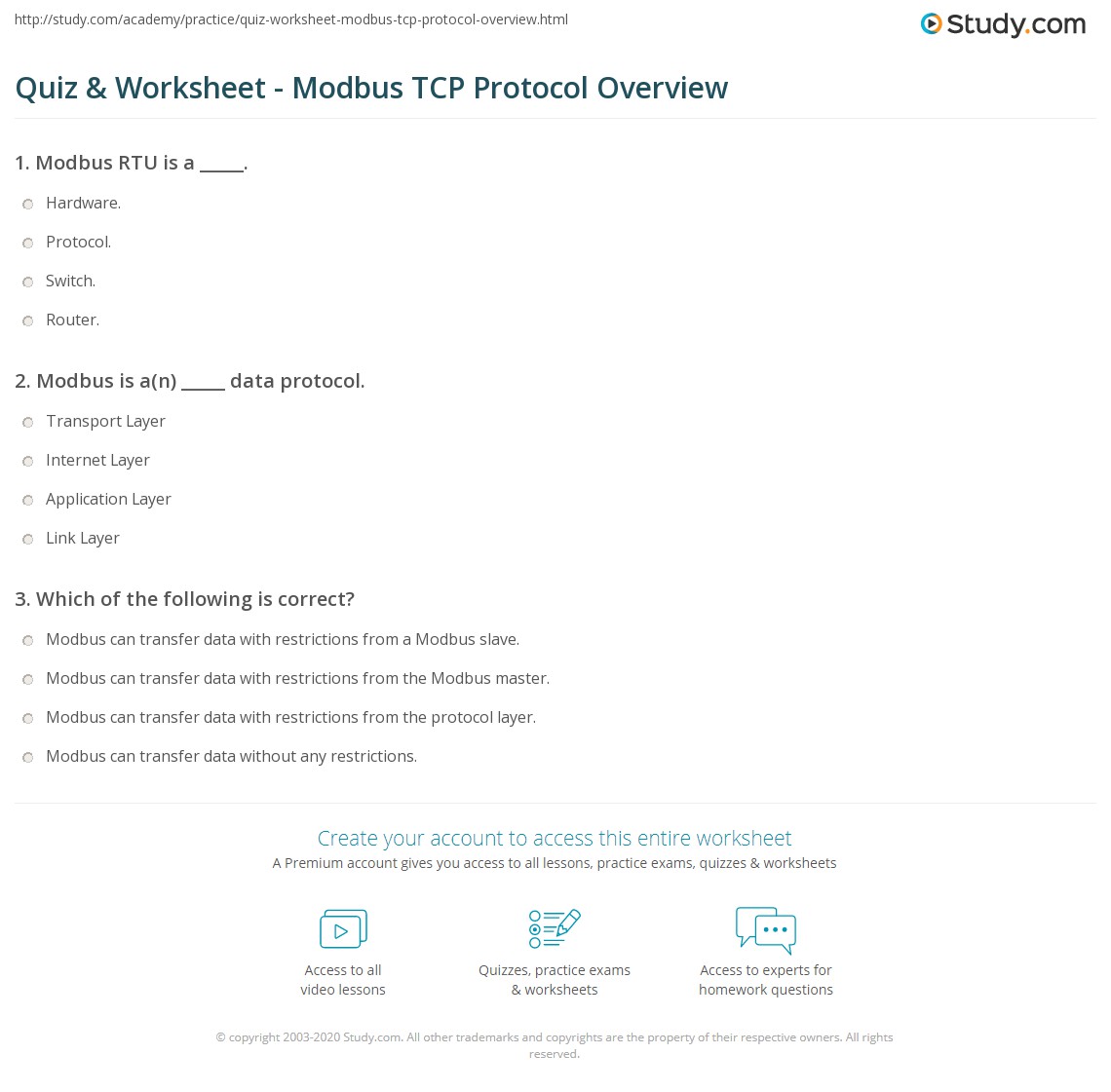 Quiz & Worksheet - Modbus TCP Protocol Overview | Study.com