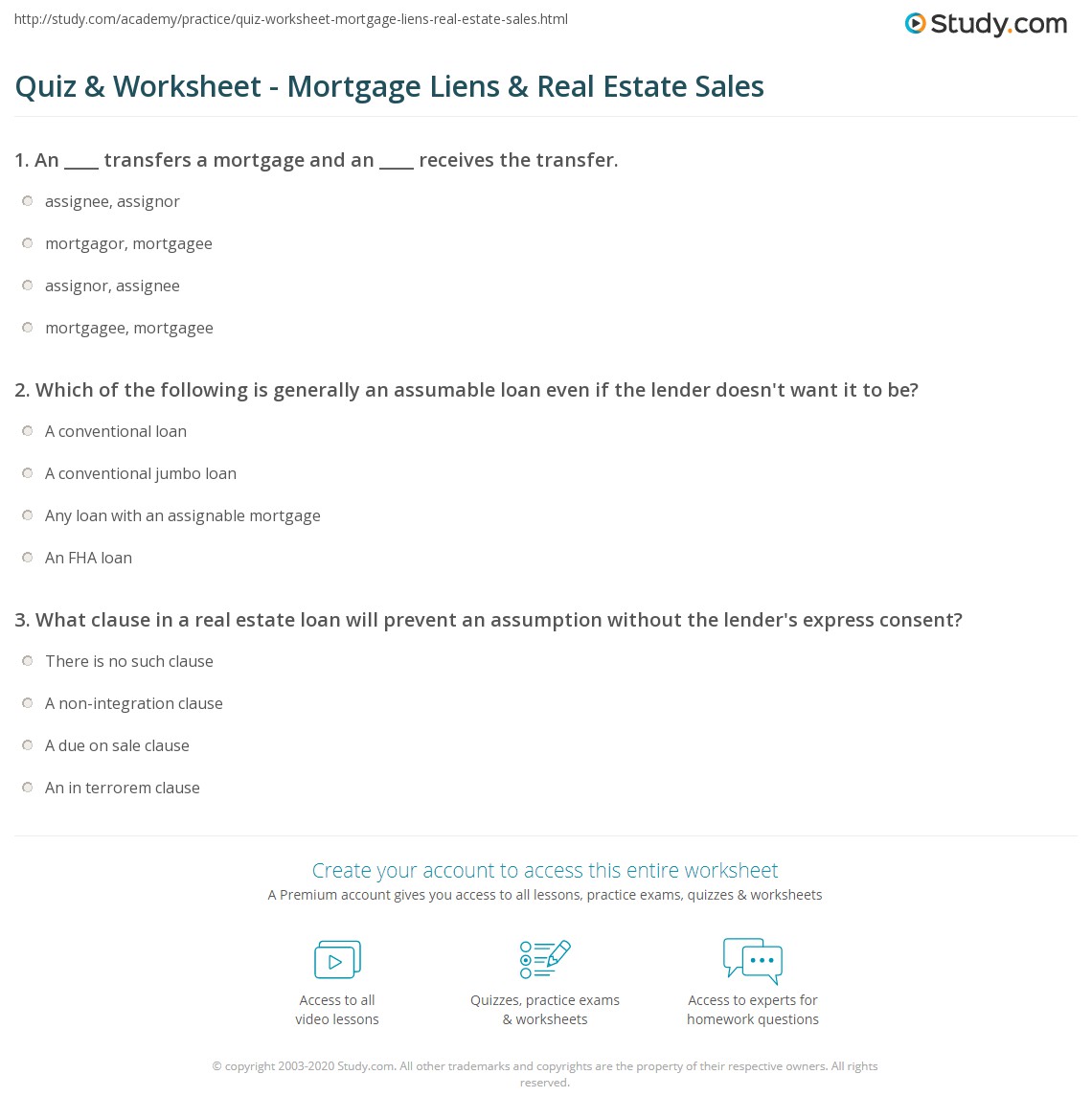 Quiz & Worksheet Mortgage Liens & Real Estate Sales