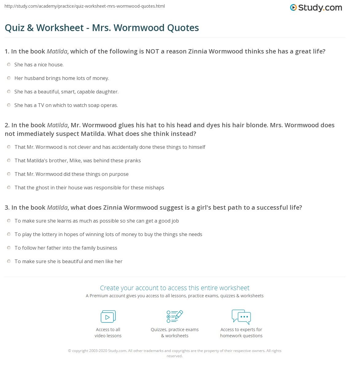 Quiz Worksheet Mrs Wormwood Quotes Study