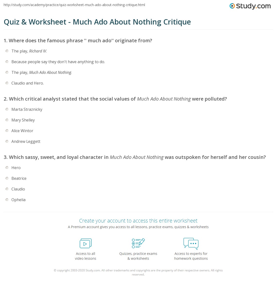 Quiz & Worksheet - Much Ado About Nothing Critique | Study.com