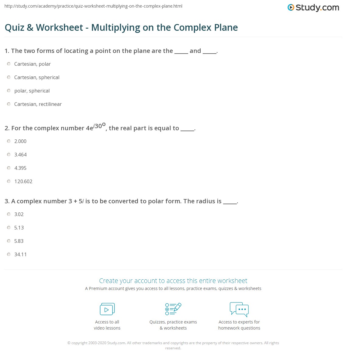 Quiz & Worksheet - Multiplying on the Complex Plane | Study.com