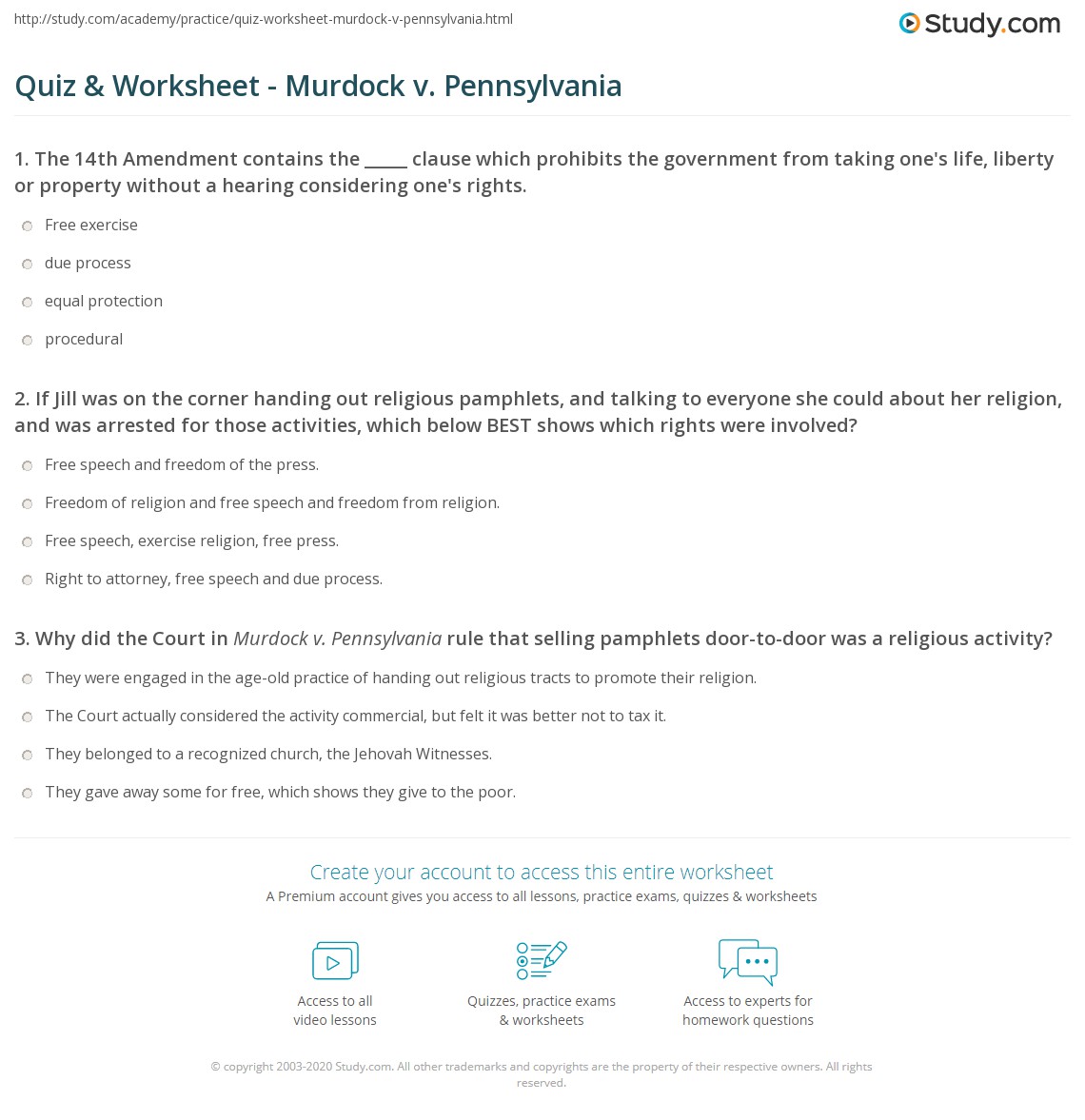 Quiz & Worksheet - Murdock v. Pennsylvania | Study.com