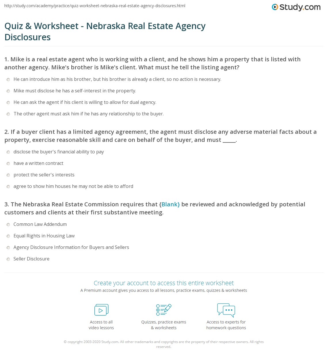Quiz & Worksheet Nebraska Real Estate Agency Disclosures