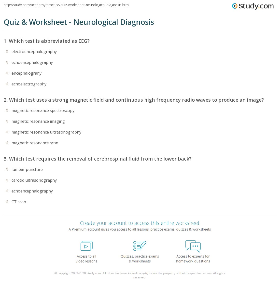 Quiz & Worksheet - Neurological Diagnosis | Study.com