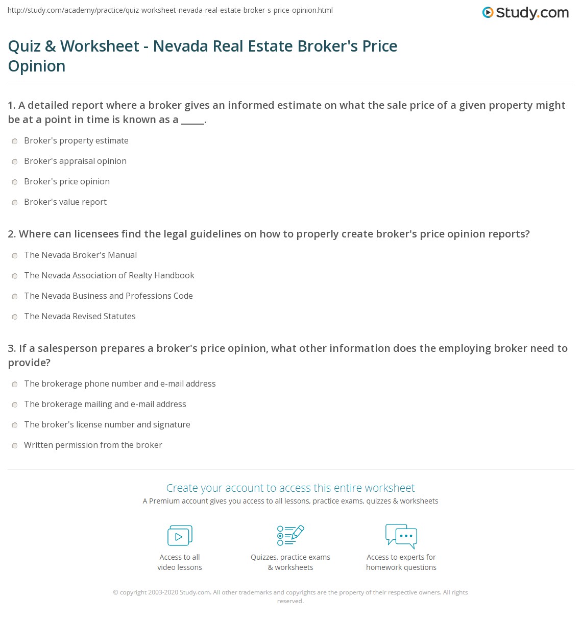 Quiz & Worksheet Nevada Real Estate Broker's Price Opinion