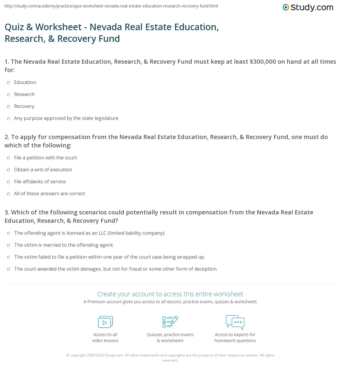Quiz & Worksheet Nevada Real Estate Education, Research, & Recovery