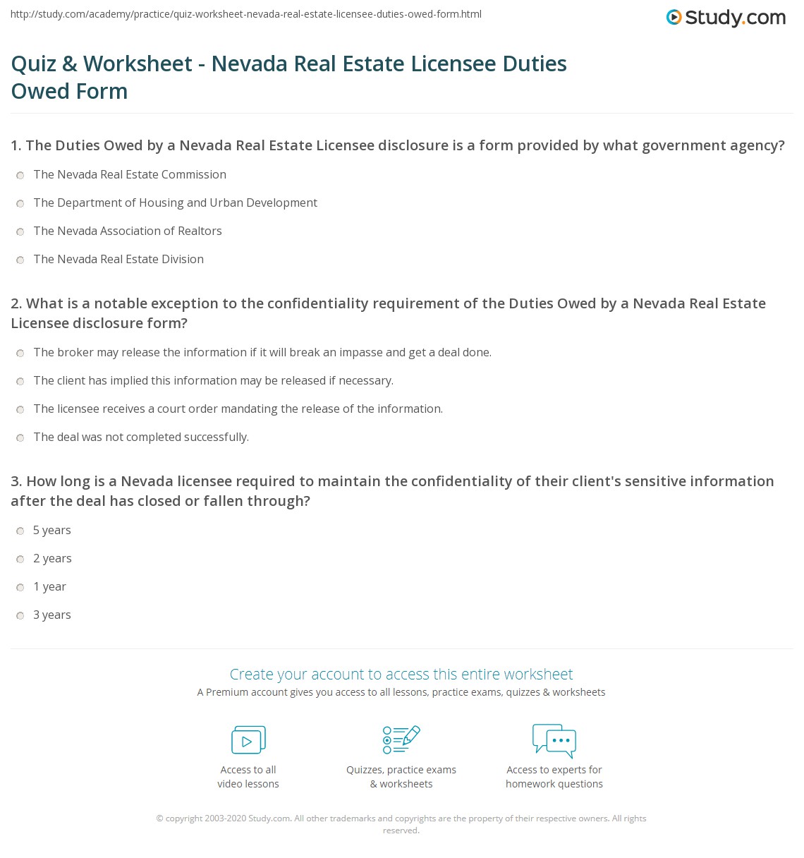 Quiz & Worksheet Nevada Real Estate Licensee Duties Owed Form