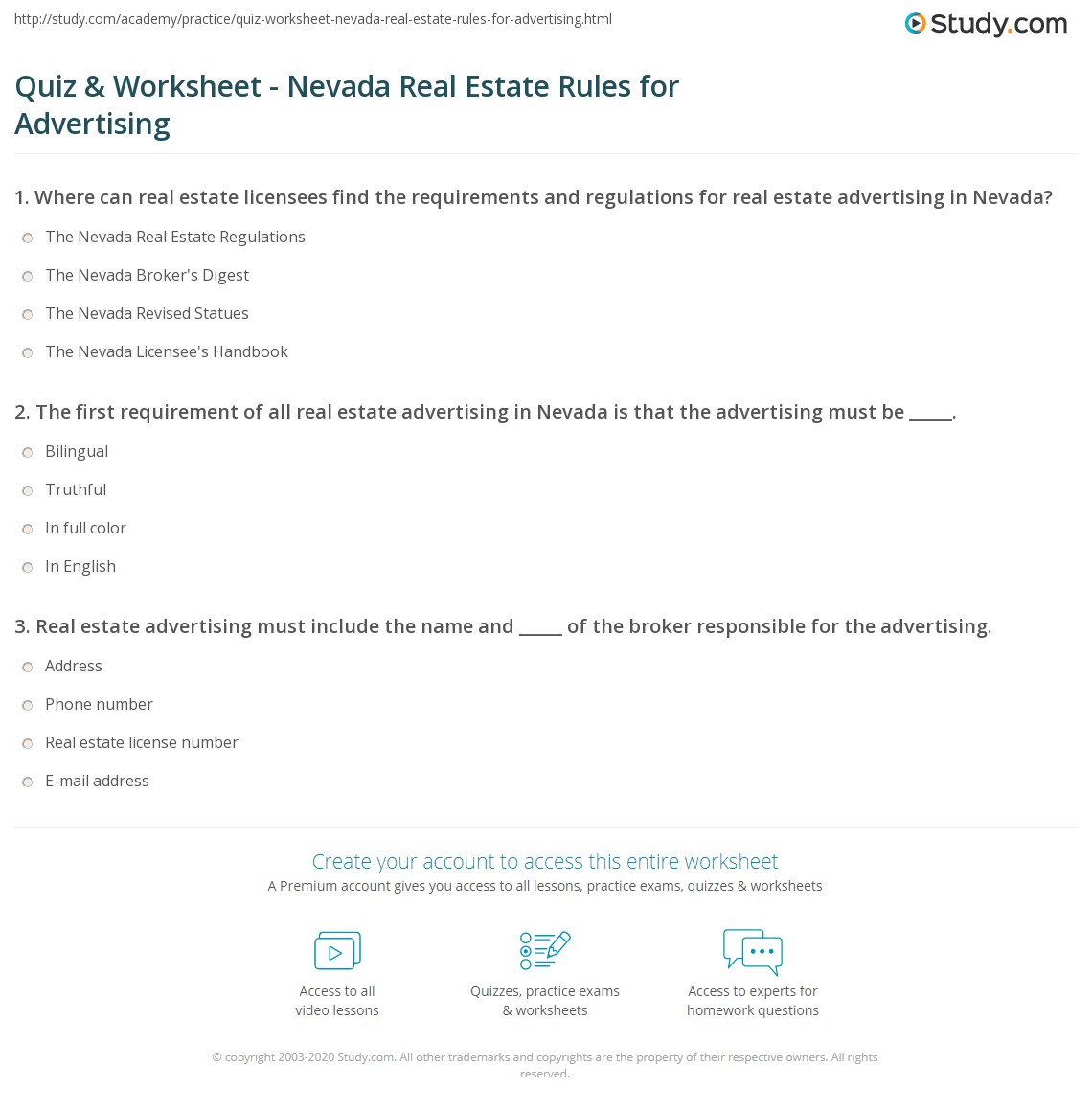 Quiz & Worksheet Nevada Real Estate Rules for Advertising