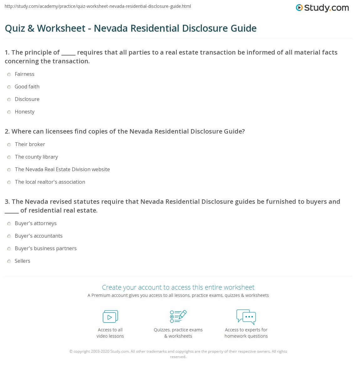 Quiz & Worksheet Nevada Residential Disclosure Guide