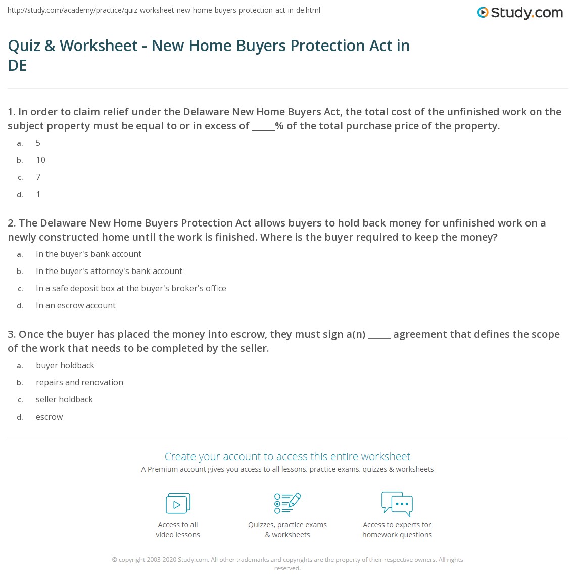 Quiz & Worksheet New Home Buyers Protection Act in DE
