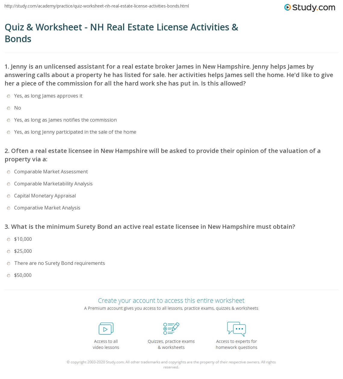 Quiz & Worksheet NH Real Estate License Activities & Bonds