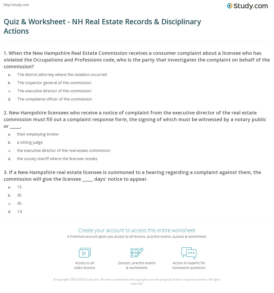 Quiz & Worksheet NH Real Estate Records & Disciplinary Actions