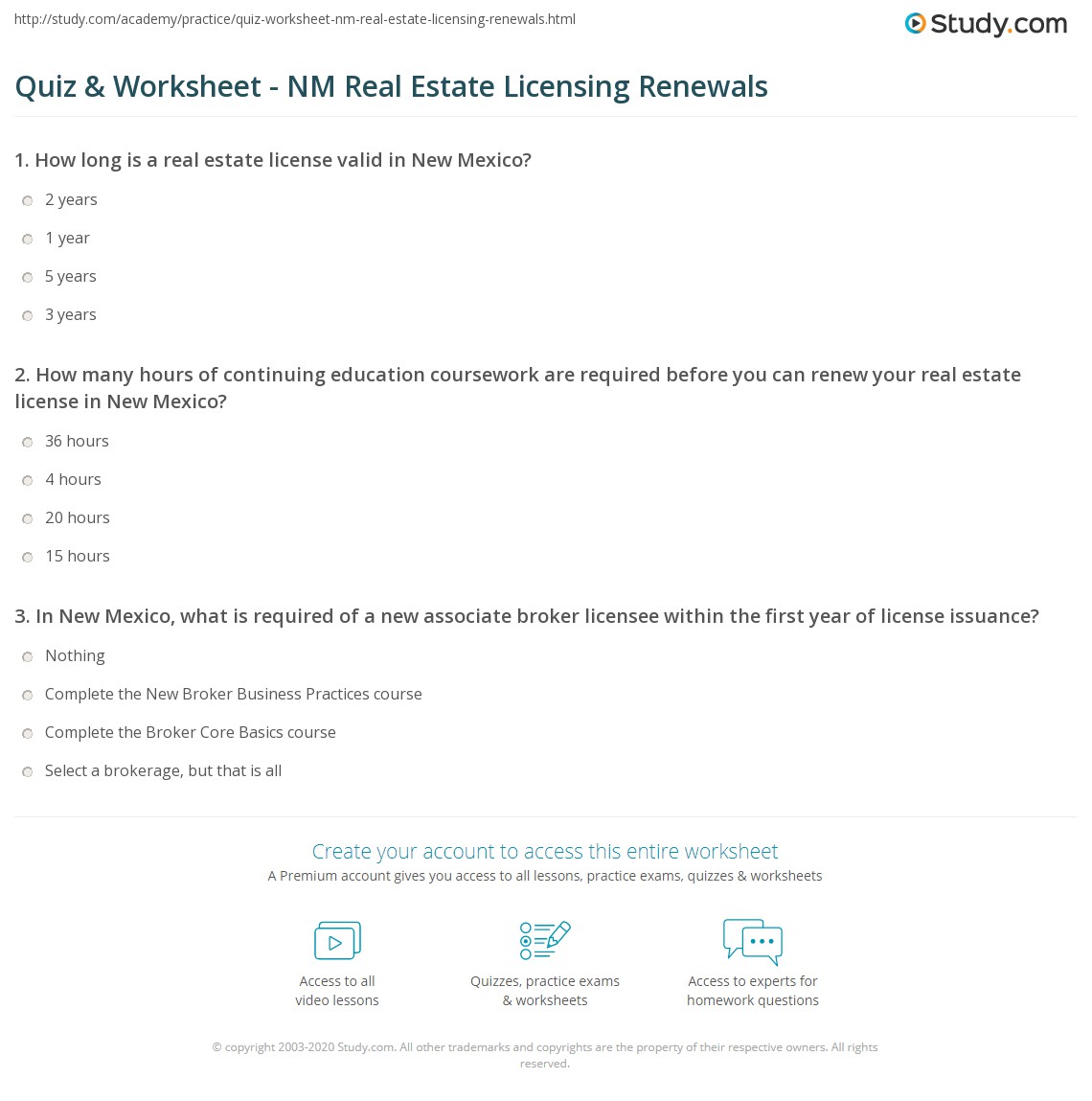 Quiz & Worksheet NM Real Estate Licensing Renewals