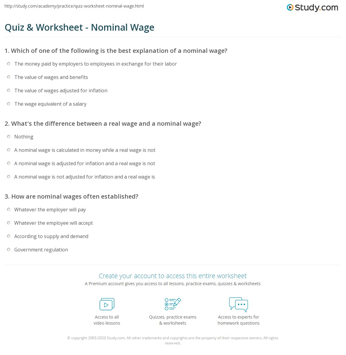 Quiz Worksheet Nominal Wage Study Com