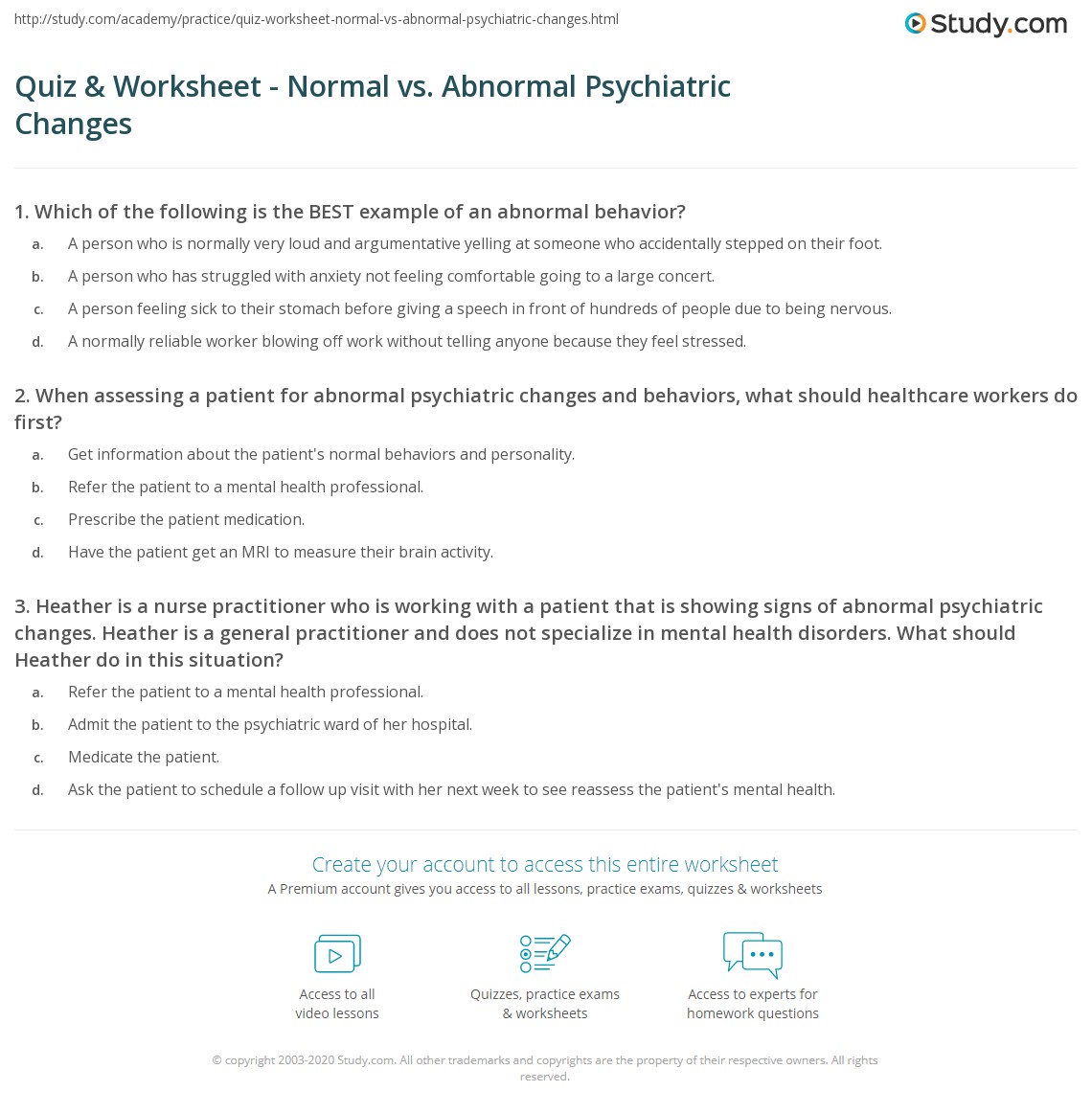 Quiz & Worksheet Normal vs. Abnormal Psychiatric Changes