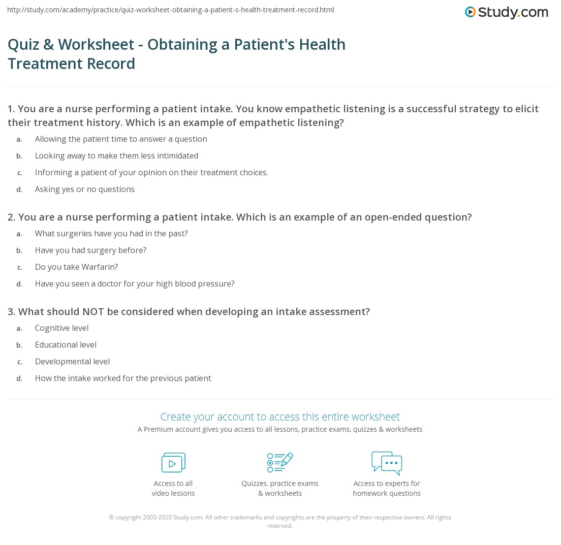 Quiz & Worksheet - Obtaining a Patient's Health Treatment Record