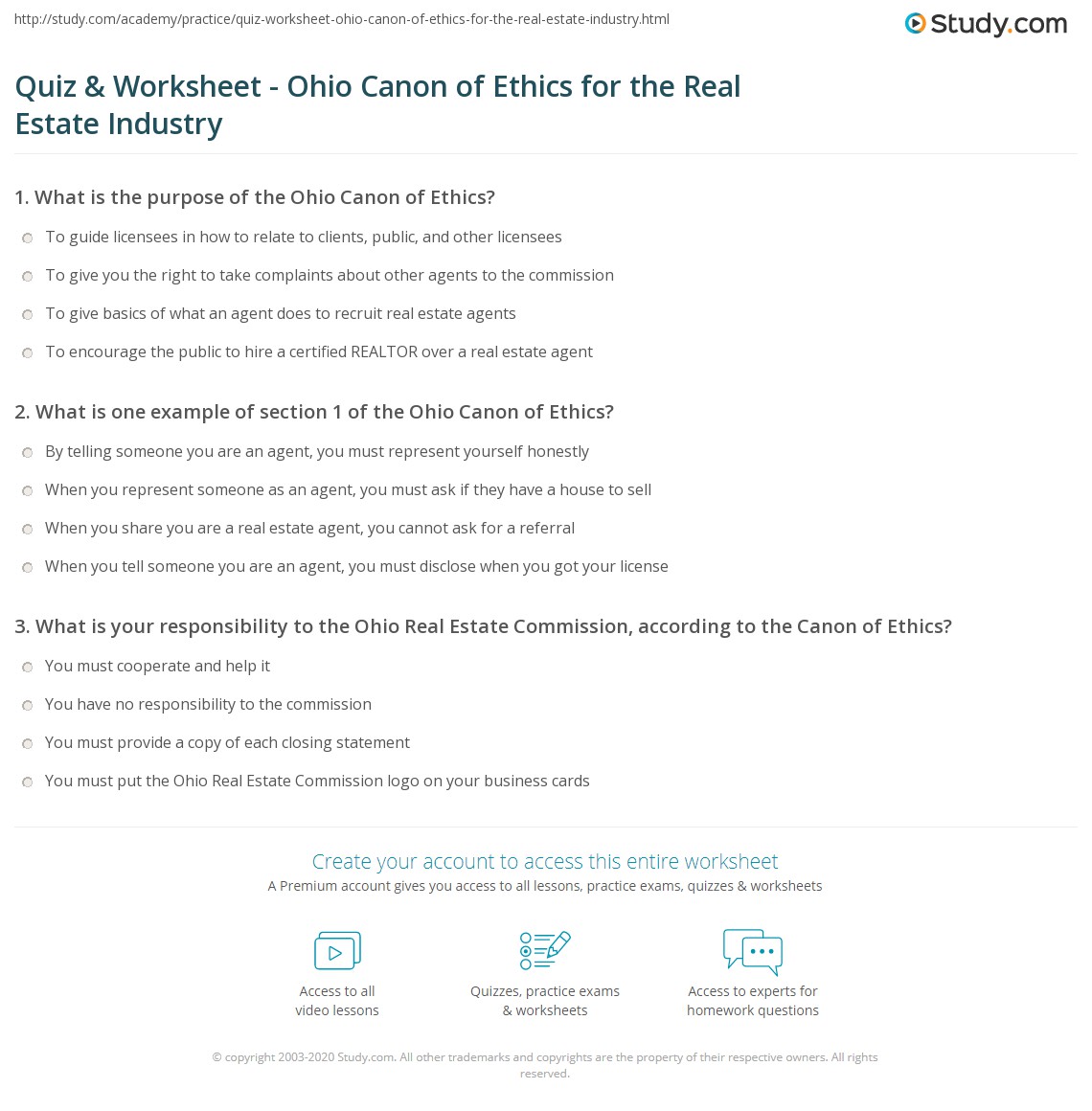 Quiz & Worksheet Ohio Canon of Ethics for the Real Estate Industry