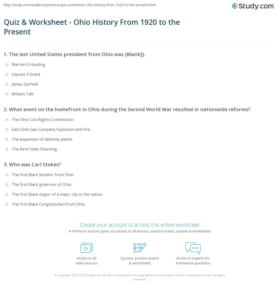 Quiz &amp; Worksheet - Ohio History From 1920 to the Present | Study.com