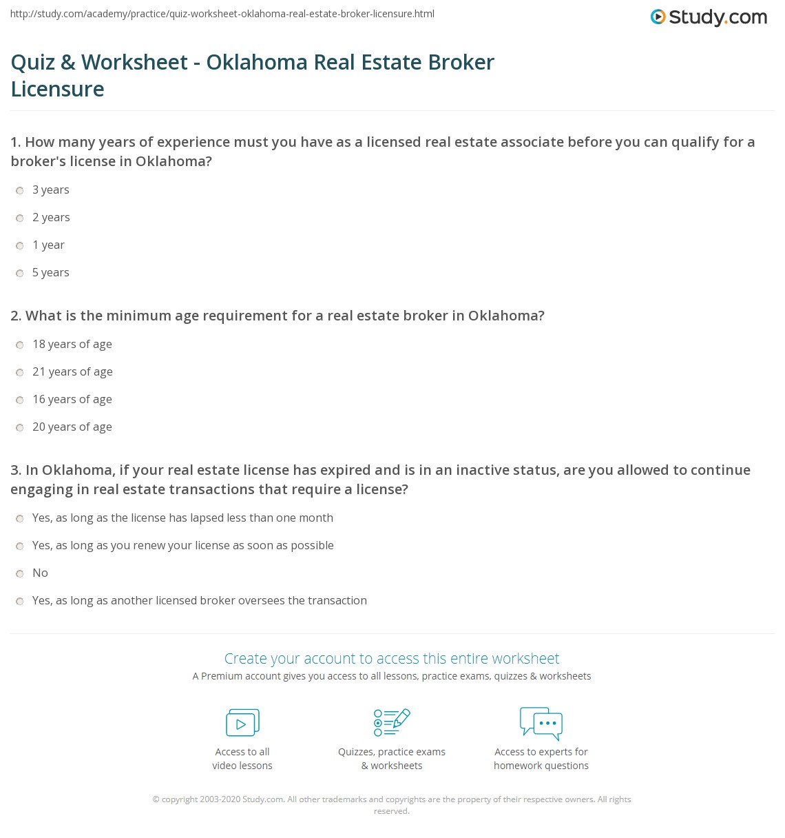 Quiz & Worksheet Oklahoma Real Estate Broker Licensure