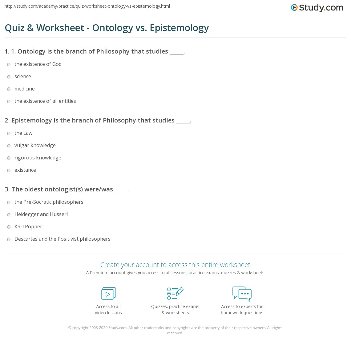 Quiz Worksheet Ontology Vs Epistemology Study