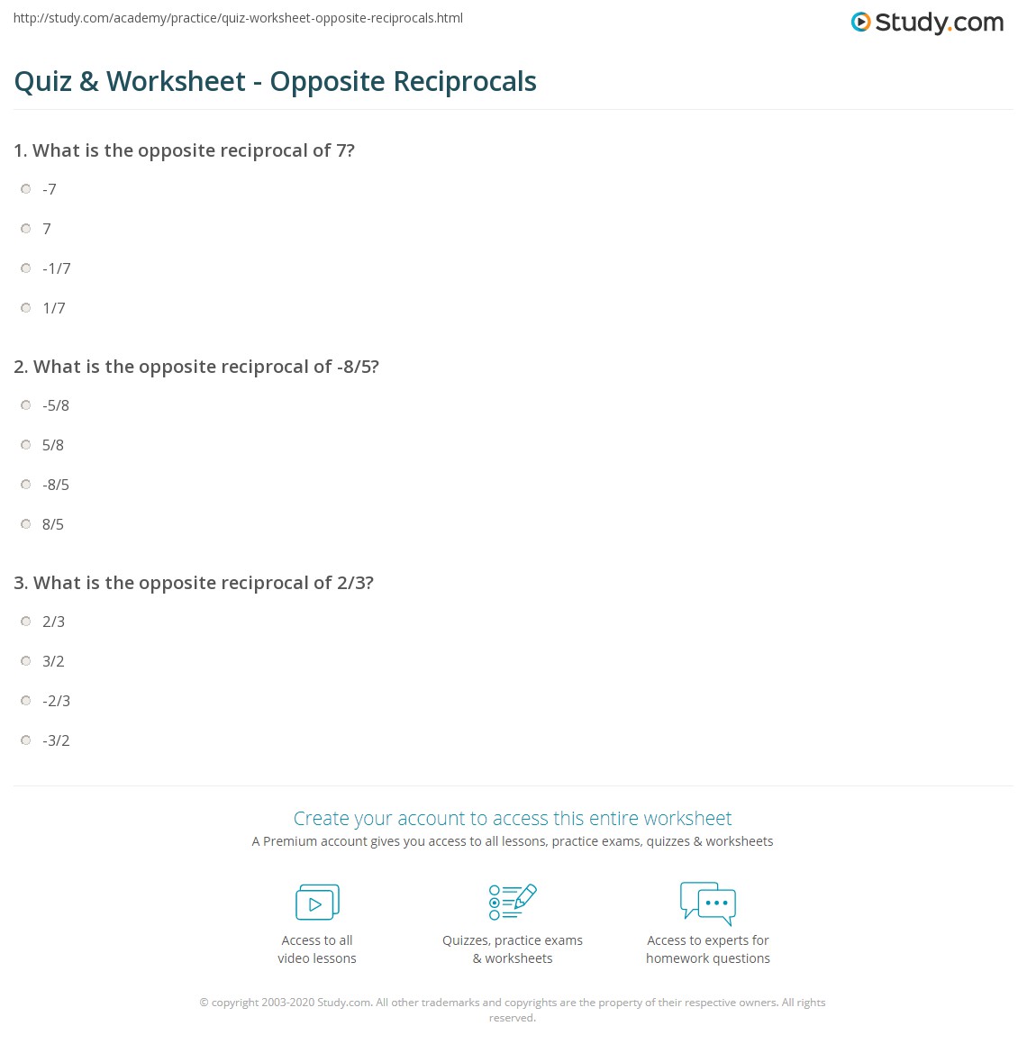 Quiz & Worksheet Opposite Reciprocals
