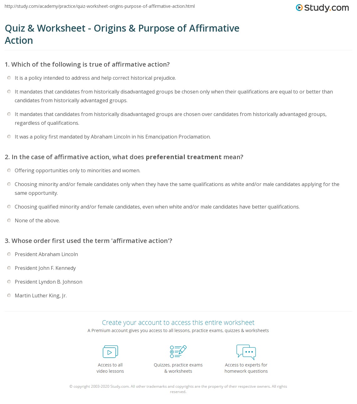Affirmative Action Worksheet.pdf Quiz & Worksheet - Origins & Purpose of Affirmative Action | Study.com