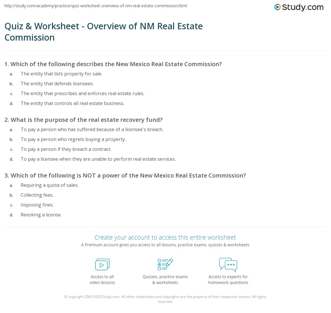 Quiz & Worksheet Overview of NM Real Estate Commission