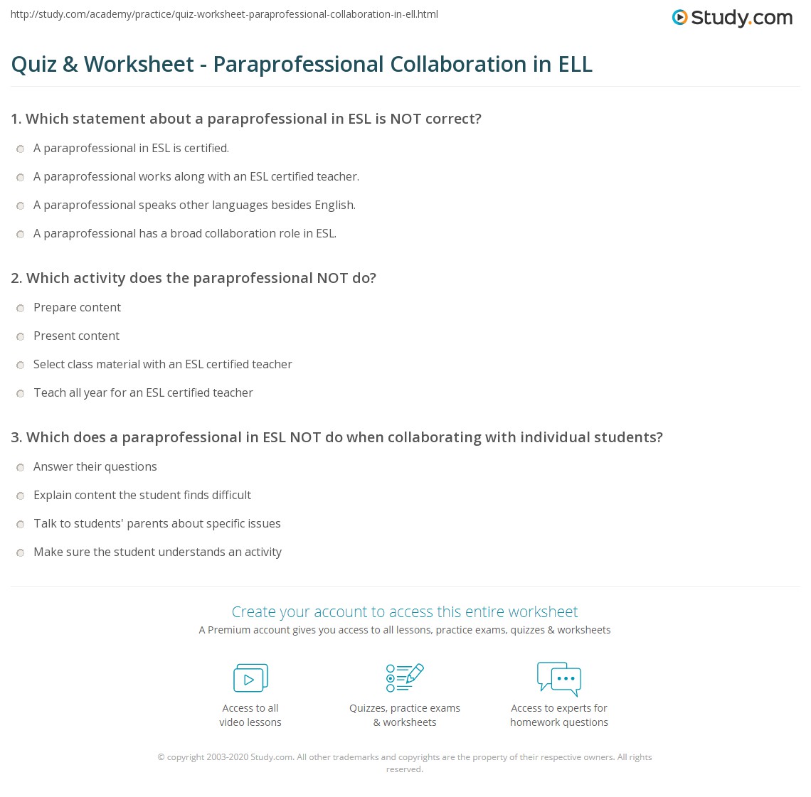Quiz &amp; Worksheet - Paraprofessional Collaboration in ELL | Study.com