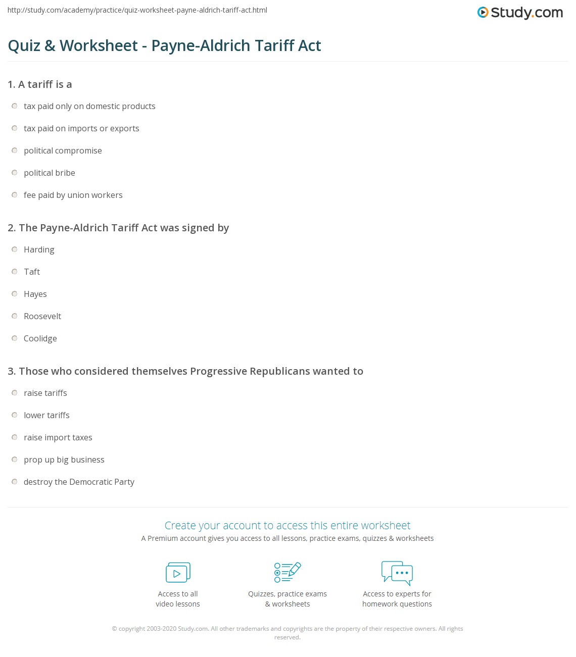 Quiz & Worksheet - Payne-Aldrich Tariff Act | Study.com
