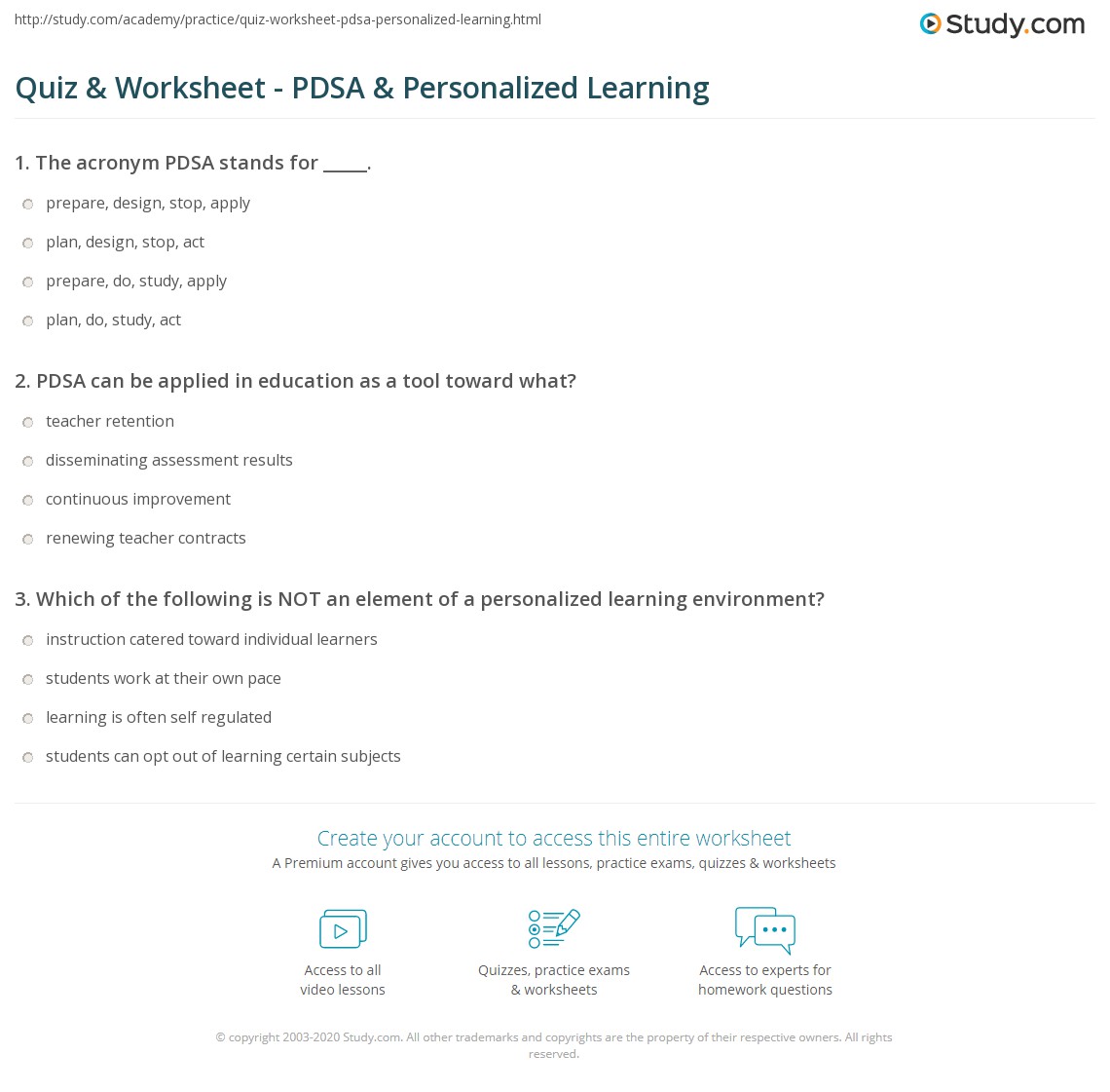 Quiz & Worksheet PDSA & Personalized Learning