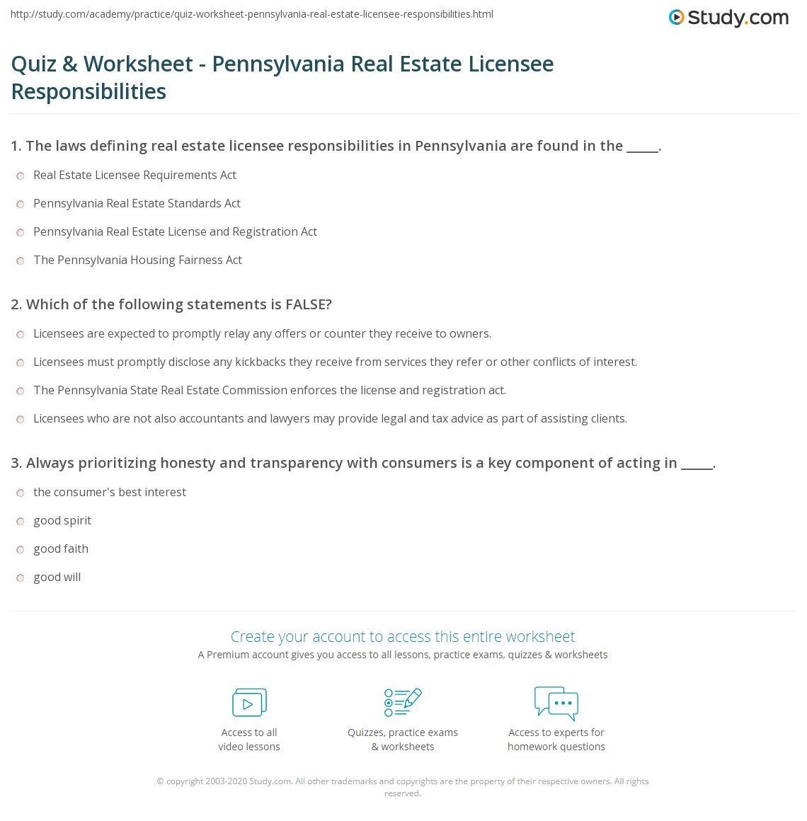 Quiz & Worksheet Pennsylvania Real Estate Licensee Responsibilities