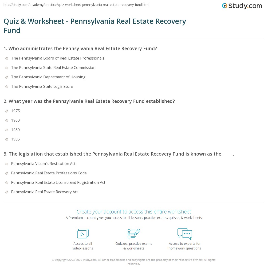 Quiz & Worksheet Pennsylvania Real Estate Recovery Fund