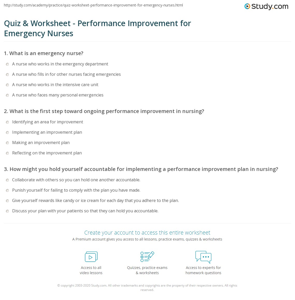Quiz & Worksheet - Performance Improvement for Emergency Nurses | Study.com