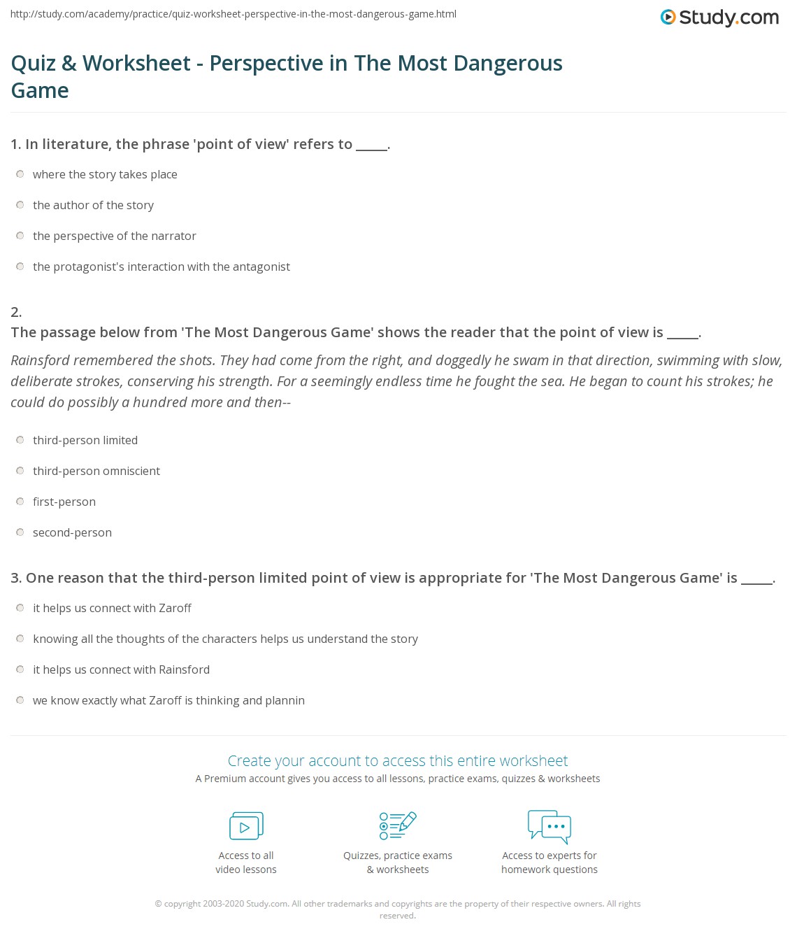 Quiz & Worksheet - Perspective in The Most Dangerous Game | Study.com
