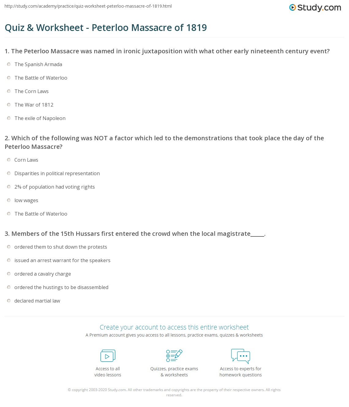Quiz & Worksheet - Peterloo Massacre of 1819 | Study.com