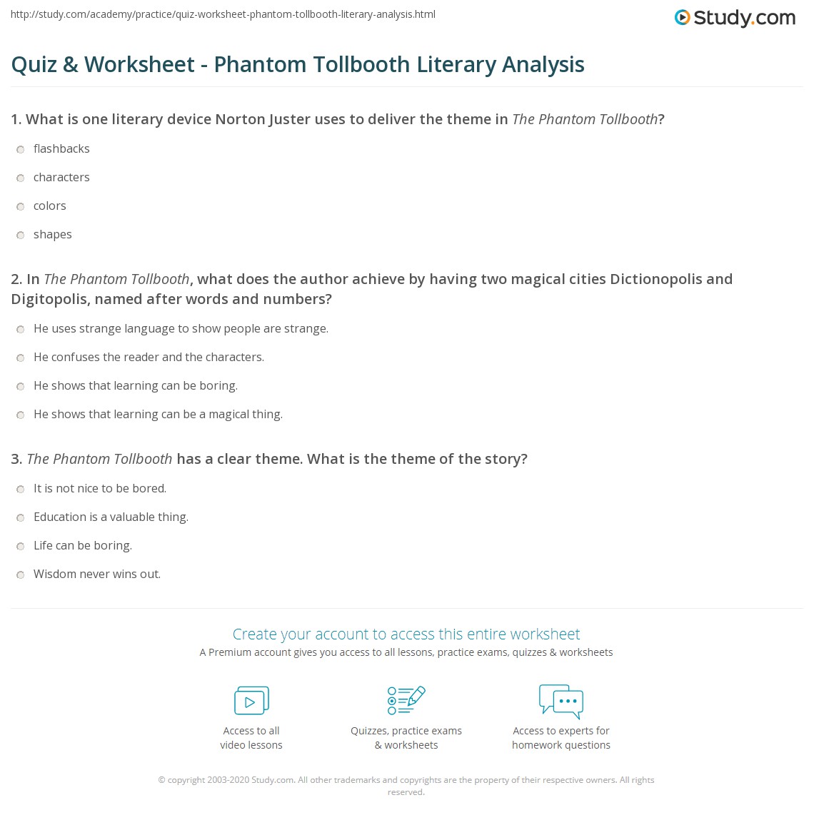 Quiz & Worksheet - Phantom Tollbooth Literary Analysis | Study.com