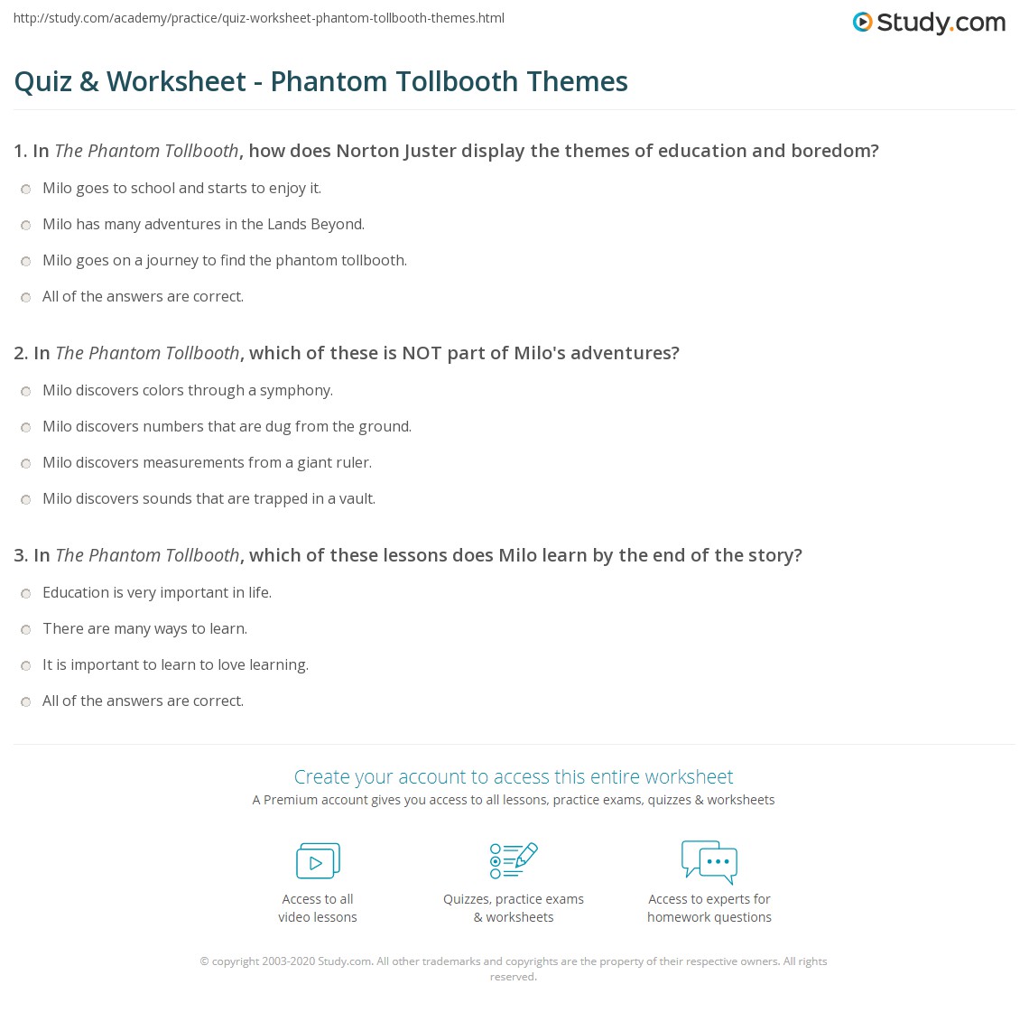 Quiz & Worksheet - Phantom Tollbooth Themes | Study.com