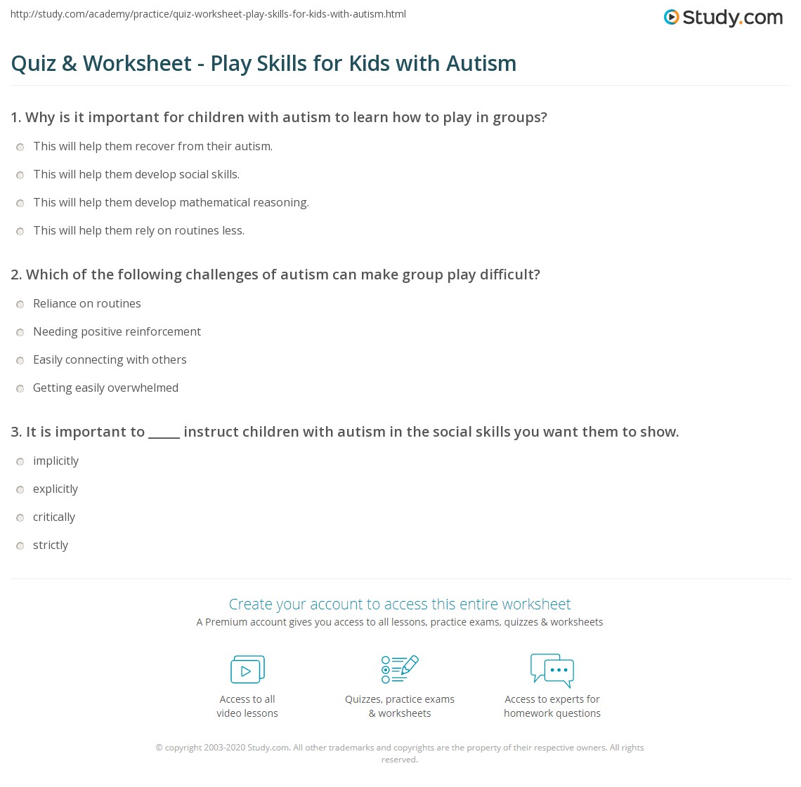 Quiz & Worksheet - Play Skills for Kids with Autism | Study.com