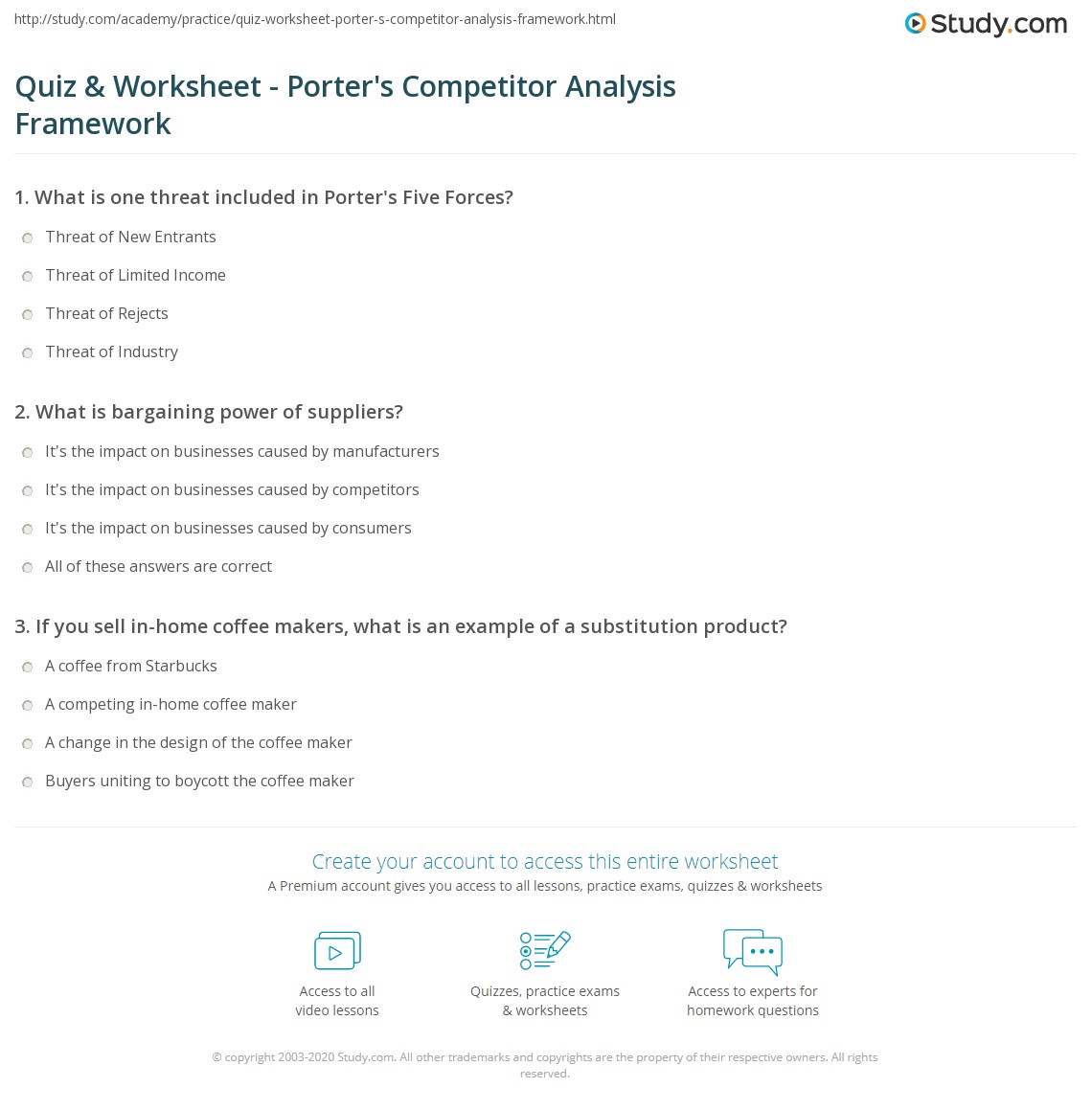 Quiz Worksheet Porter S Competitor Analysis Framework Study