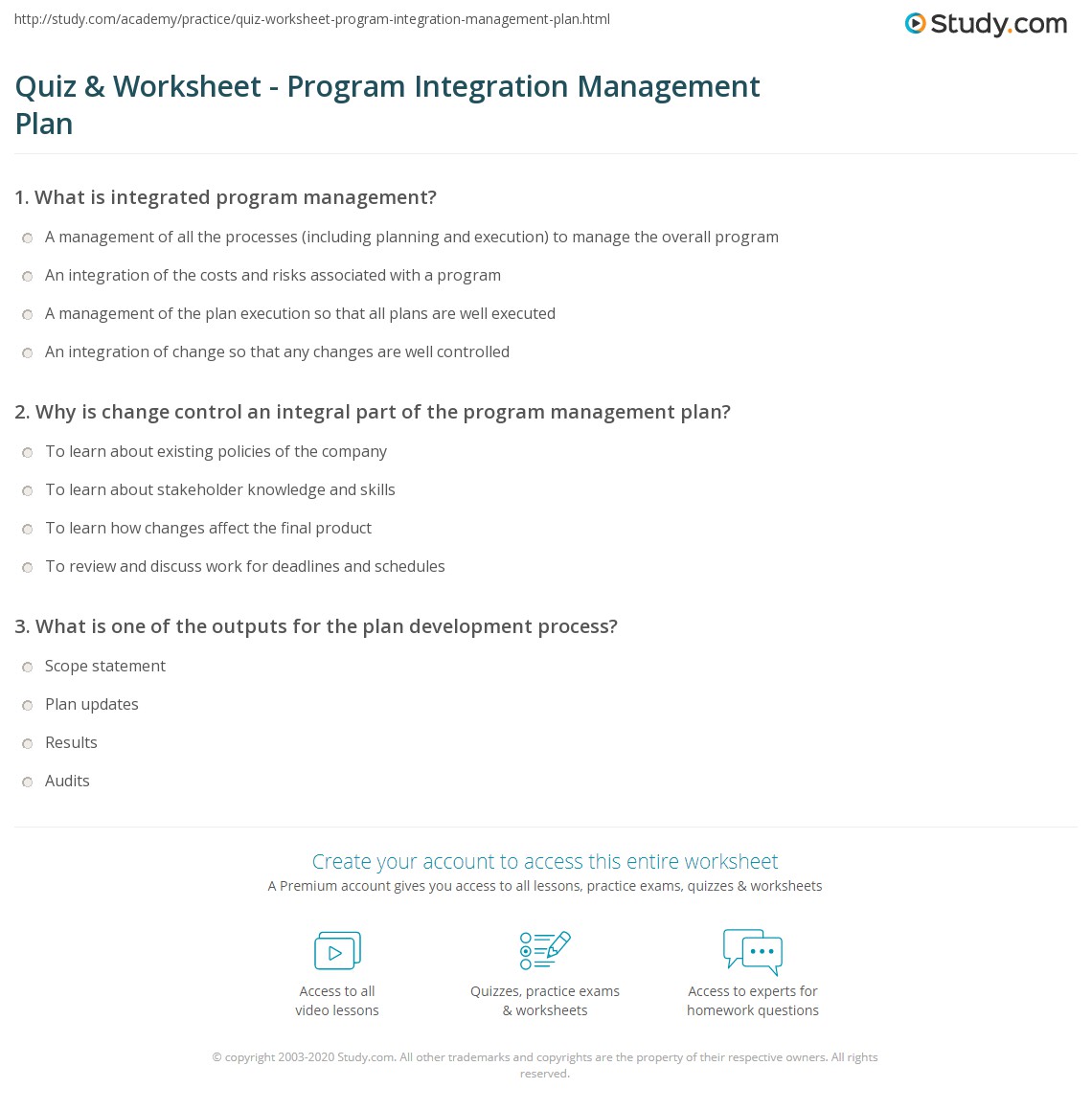 Quiz & Worksheet - Program Integration Management Plan | Study.com
