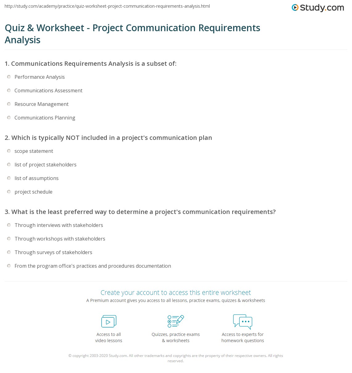 Quiz & Worksheet Project Communication Requirements Analysis
