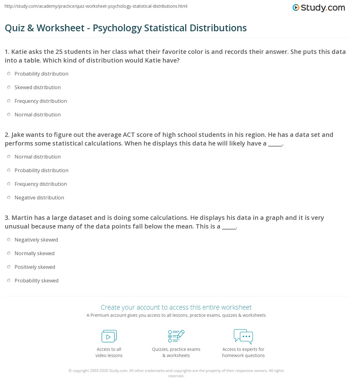 Quiz & Worksheet Psychology Statistical Distributions