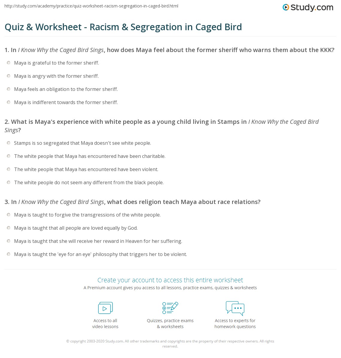Quiz & Worksheet - Racism & Segregation in Caged Bird | Study.com