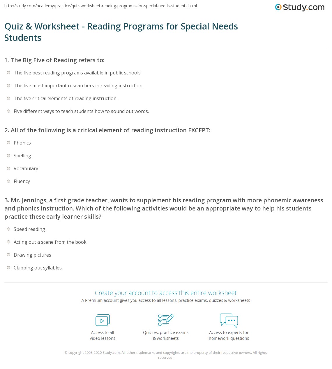 Quiz & Worksheet - Reading Programs for Special Needs Students | Study.com