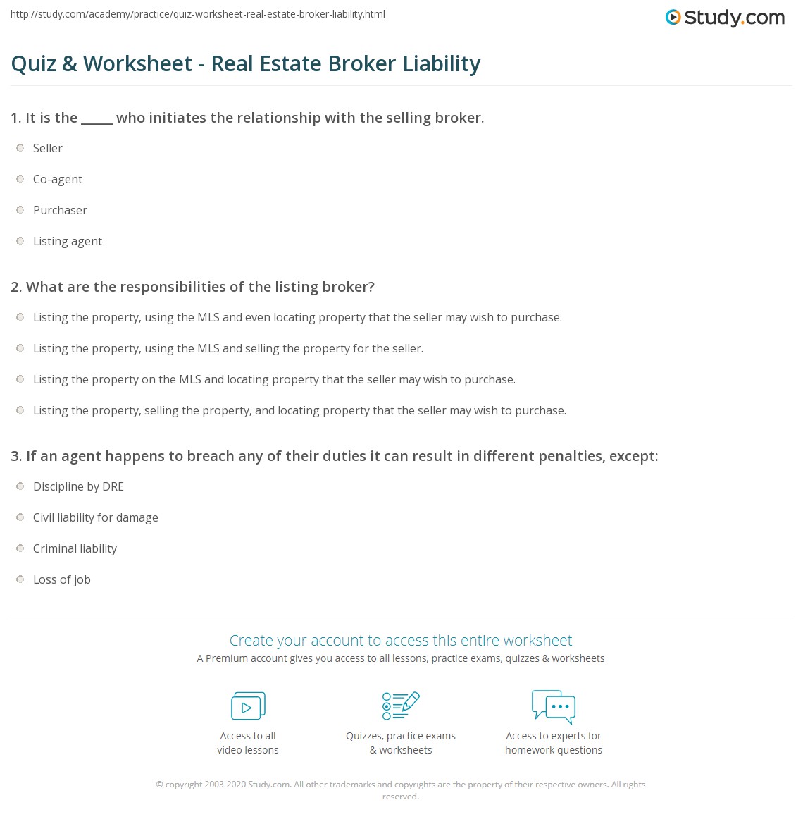 Quiz & Worksheet - Real Estate Broker Liability | Study.com
