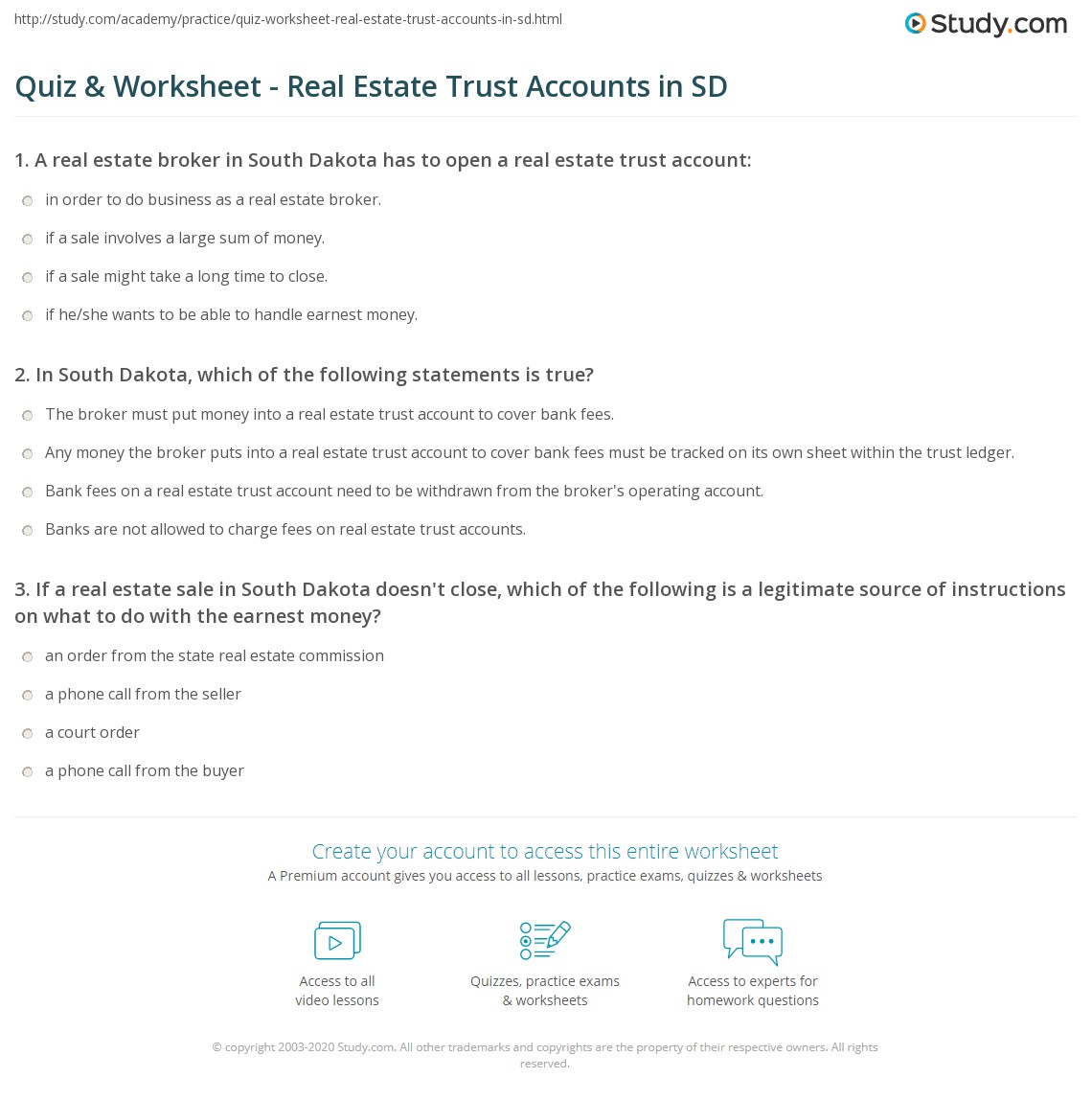 Quiz & Worksheet Real Estate Trust Accounts in SD