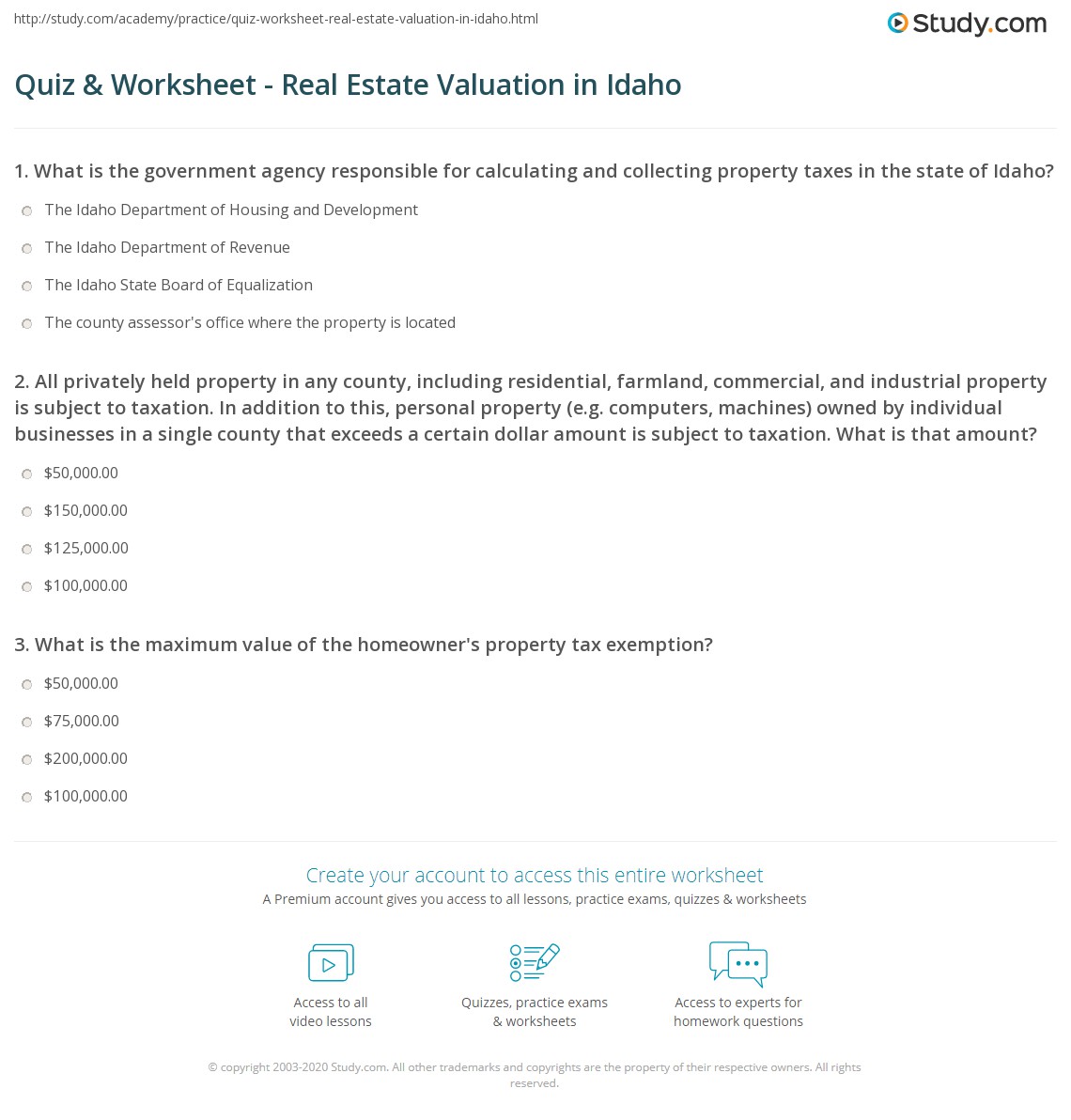 Quiz & Worksheet Real Estate Valuation in Idaho