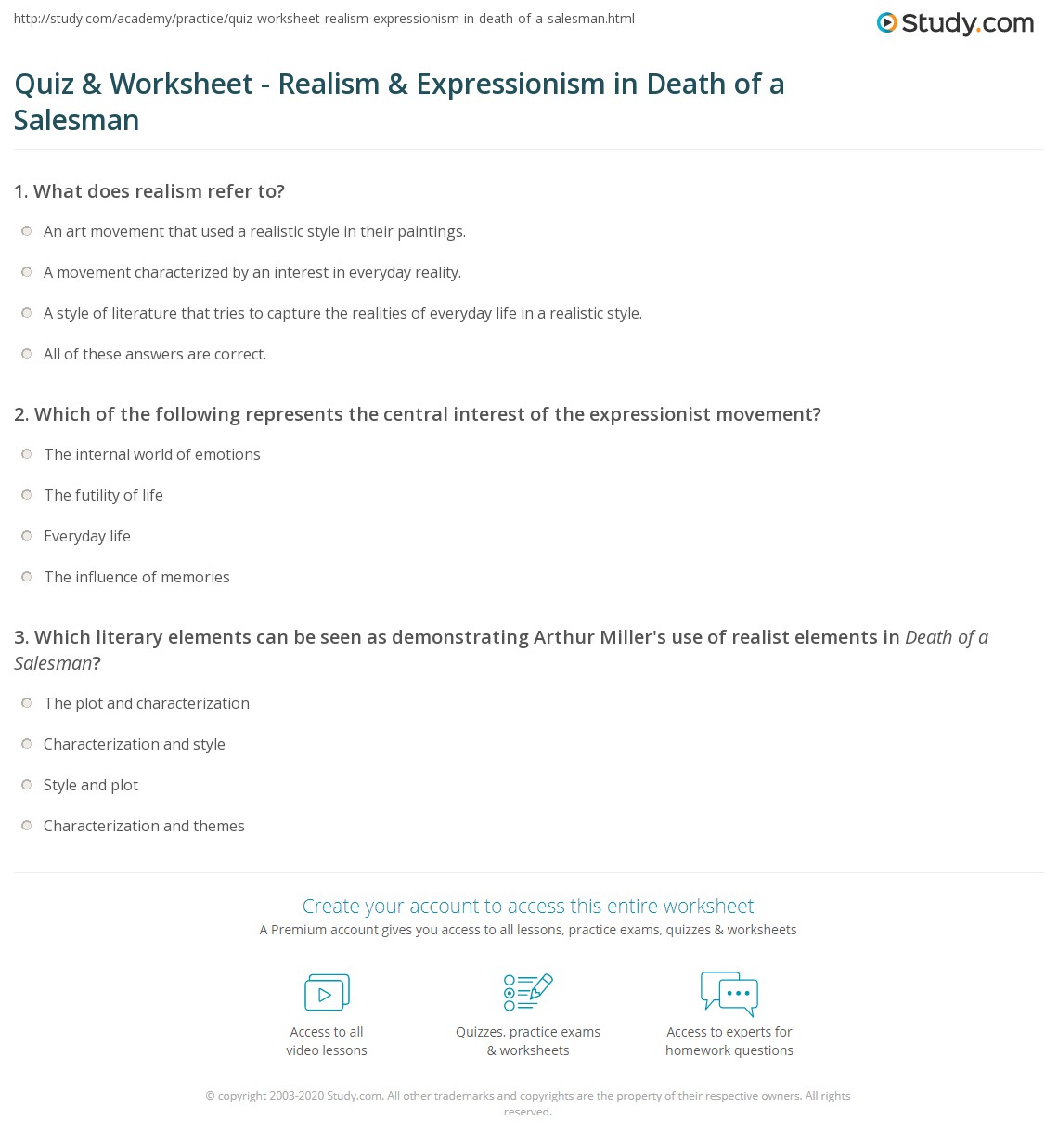 Quiz Worksheet Realism Expressionism In Death Of A Salesman